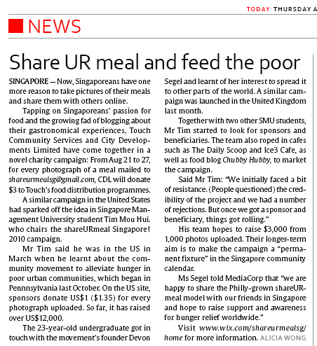Share your meal on Singapore's Today newspaper article